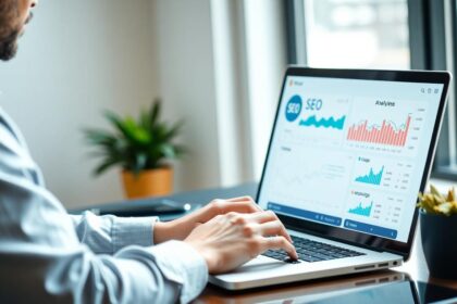 professional blogger seo analytics laptop workspace