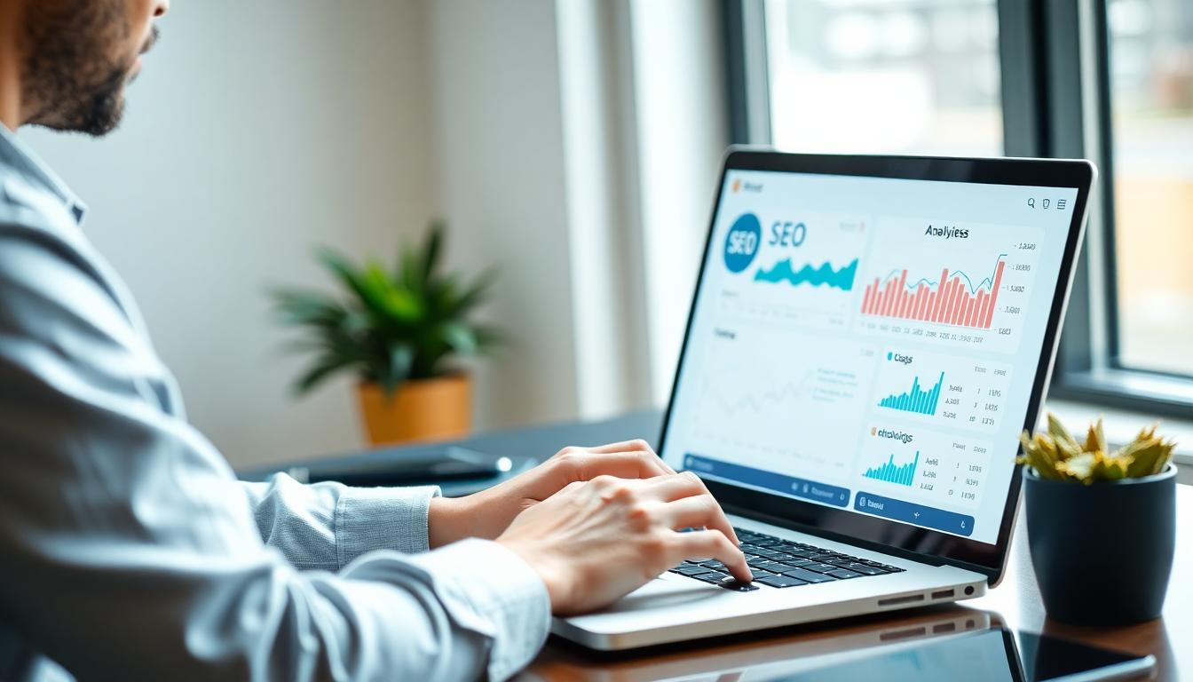 professional blogger seo analytics laptop workspace