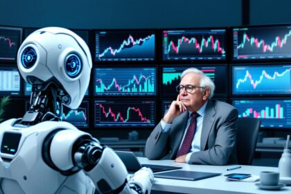 ai robot analyzing stock charts warren buffett finance office