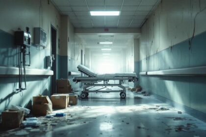 somber hospital corridor empty gurney