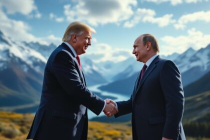 trump putin handshake alaska mountains summit