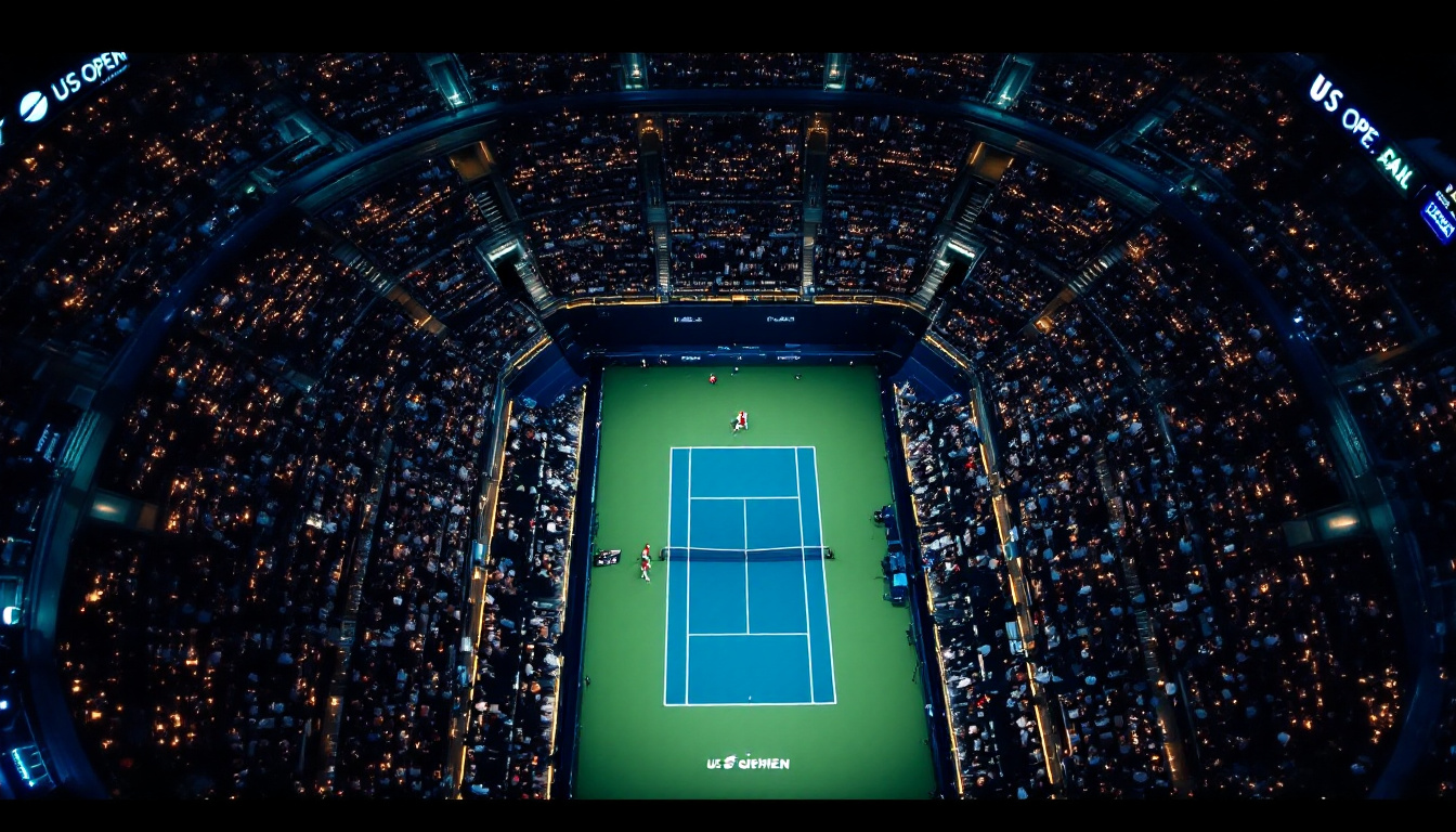 nighttime aerial tennis stadium us open style
