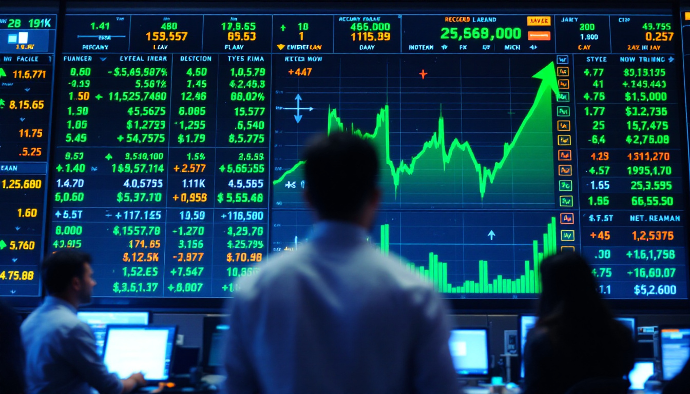 stock market ticker wall rising arrows