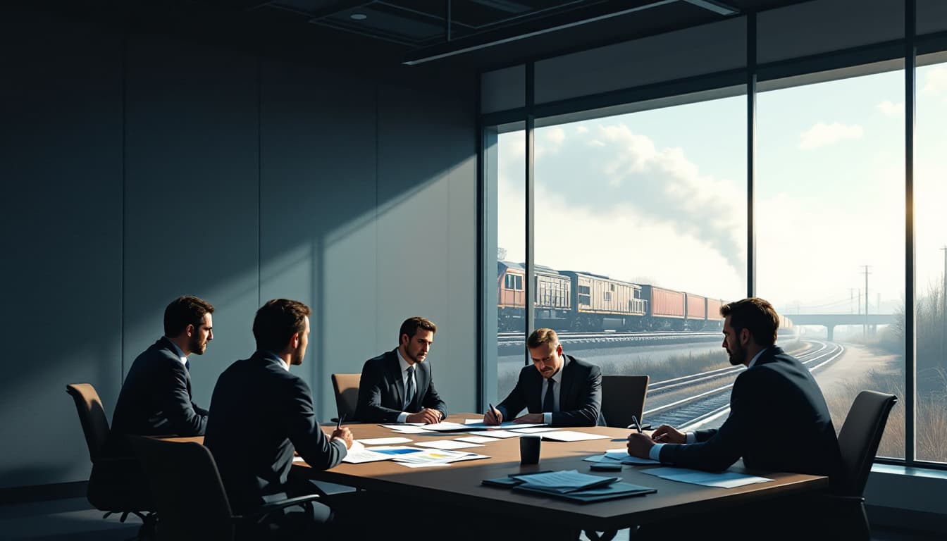 tense railroad ceo shakeup boardroom illustration