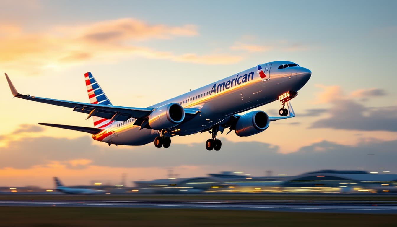 american airlines jet takeoff sunset dfw