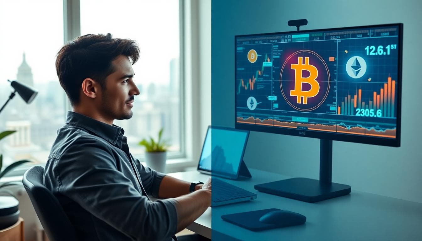 young investor comparing stocks crypto split screen 7170cb77