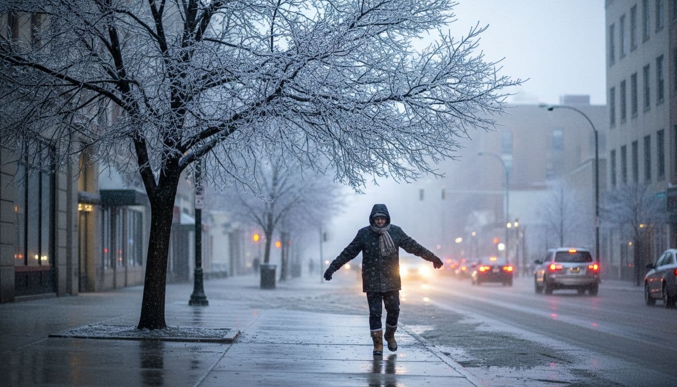 freezing rain icy city street pedestrian df83efca