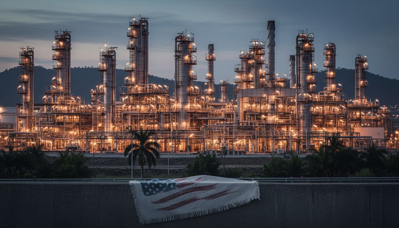 oil refinery dusk us flag venezuela silhouette a657706a